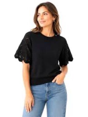 Elie Tahari Black Eyelet Flutter-Sleeve Scoop Sweater